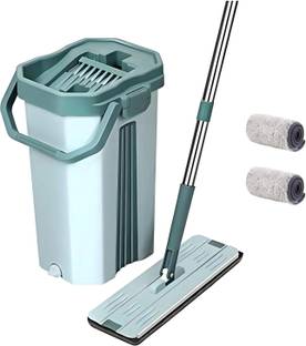 Upkaranwale Green Flat mop with Bucket Set, 2 Microfiber Mop Pads (38CM x 12CM) Flat Mop