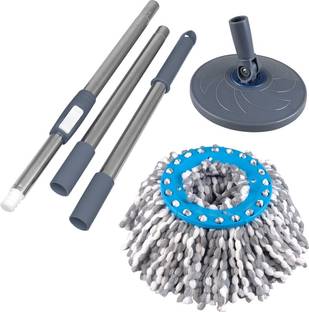 Primeway Stainless Steel Magic Spin Mop Handle with Plastic Disc and 38cm Grey Refill Wet & Dry Mop
