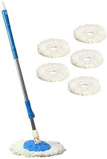 TOPREDO 360° Rotate Universal Mop Rod | Plastic and Steel Handle | with & 6 Super Absorbent Refills | for All Home and Office Floor Cleaning Mop Head and Rod