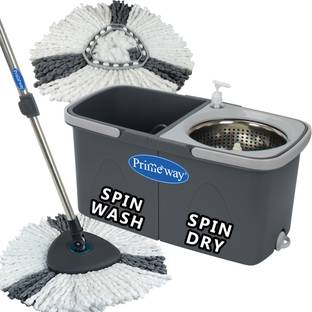 Primeway SS Upgraded Hydraulic Handle Twin Bucket, Triangular 2 Refills Wash & Dry Spin Mop Set