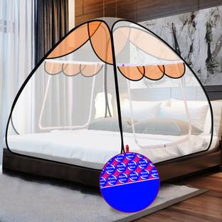 SILVER SHINE Polyester Adults Washable Polyester Foldable for Double Bed White And Orange Color Mosquito Net Mosquito Net