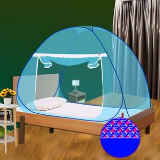 SILVER SHINE Polyester Adults Washable Single Bed and Blue Border Mosquito Net