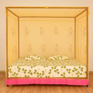 RN ENTERPRISE Elegant Flower Design (6 x 7 Feet) Yellow Cotton Washable Adults Mosquito Net
