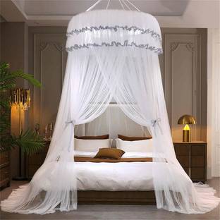 SNOWIE SOFT Polyester Infants Washable Mosquito Net Bed Canopy Lace Ruffled White Ceiling Hanging Net for Double Bed Mosquito Net