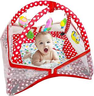Akash International Unisex Baby Bedding Set Play Gym with Mosquito Net Cum Sleeping Bed (Dot Red) Polyester Washable Kids Mosquito Net