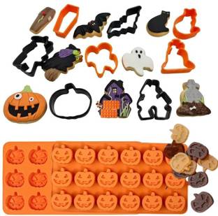 MARHABA TRADERS Silicone Fondant & Gum paste Mould LEGACYCART 8 Pcs Halloween Cookie Cutters and 18 Cavity Halloween Pumpkin Silicone Mould Plastic 3D Cookie Cutter for Making Chocolate Cake Pudding Jelly Ice Cube Tray Candy Cookies (Pack of 2)