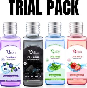 Qelica Mouthwash with Vitamin-E Kills 99.0% Germs, Prevents Bad Breath, Dental Hygiene - French Blueberry, Sprakling Charcoal, Dazzling Mint, Wild Strawberry
