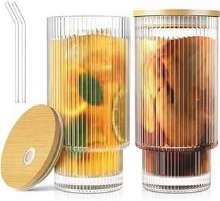 GOOD TO GREAT CREATION Ribbed Drinking Sipper Bottle with Bamboo Lid & Glass Straw Pack of 2, 400ml Glass Tumbler