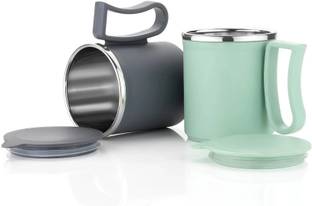 OFFYX Stainless Steel Tea Cup Stainless Steel Coffee with Lid (300 ml)(Grey,Green) Stainless Steel Coffee Mug