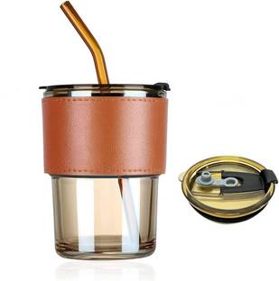 morryz Leather Grip Coffee Cup Sipper Glass with Straw with Straw Coffee Cup Glass Coffee Mug
