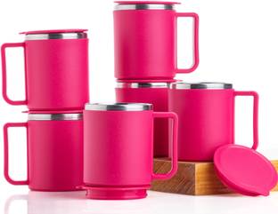 Snowberry Pack of 6 Plastic, Stainless Steel 220ml Coffee Mug, Tea Cup, Stainless Steel Mug, Chai Cup, Steel Cup With Lid