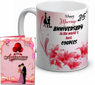 TrendoPrint (HA1110) Happy 25th Marriage Anniversary Couples White Cup with Greeting Card Ceramic Coffee Mug