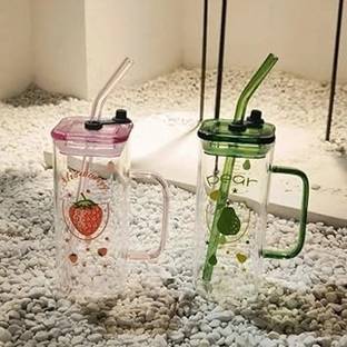 Surkha Square Mason jar Glass Cups with Lids and Straws with Colored Handle Plastic Mason Jar