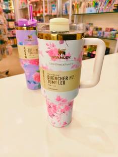 RHINETOYS Floral Print Stanley Tumbler with Handle and Straw Insulated Stainless Steel Cup Stainless Steel Tumbler