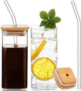 Kitchen Elegance Square Mason Wooden Lid & Straw Glass Mason Jar