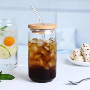 CRAFLY HUB Glass Drinking Bottle with Bamboo Lid, for Green Tea or Coffee, and Straw Glass Coffee Mug