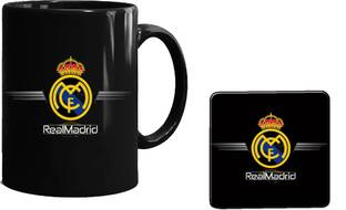 CHARMING Real Madrid CC1 Printed Black Coffee with Tea Coaster,Combo Pack Ceramic Coffee Mug