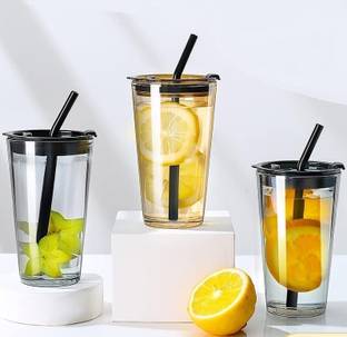 SHRUJA Drinking Glasses Tumblers with Straws and Lids for Iced Tea, Juice Pack of 1 Glass Water/Juice Glass