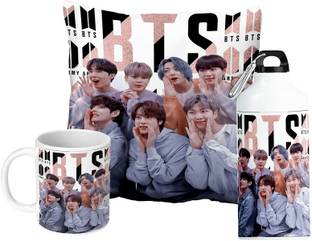 प्रिंटिंगज़ोन Bts Cup Cushion 12x12 With Filler Bts Sipper Water Bottle 600Ml Combo (CSM-12) सिरेमिक, एल्युमीनियम मग