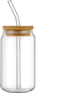 kelvee Beer Can Shaped Glass Cups with Bamboo Lids and Straws Glass Beer Mug