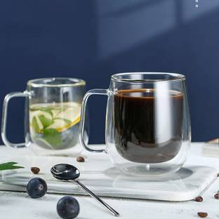 MultiZone Double Wall Heat Resistant Borosilicate Clear Tea Coffee Cup with Handle Glass Coffee Mug
