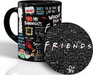 ECFAK Friends Doodle Art Black Coffee With Coaster Ceramic Coffee Mug
