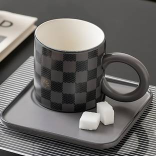 BONZEAL Black Premium with Saucer Plate Set Tea CupSet Gift For Birthday 260 ml Ceramic Coffee Mug