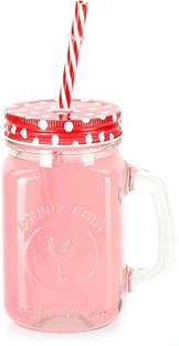 NIYA TRENDZ Mason Jar With Handle Lid And Straw random color (500 ml) (set of 1) Glass Mason Jar
