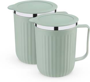 Trueware Frost Unbreakable Tea Coffee Double Wall Insulated with Handle and Lid Stainless Steel, Plastic Coffee Mug