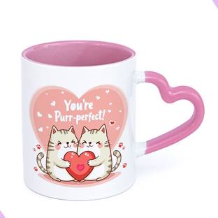 cranesflock Couple cat design, gift for girlfriend, wife, couples (Pink Heart Handle) Ceramic Coffee Mug