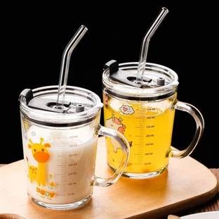 GOSK Enterprise Cartoon Print Kid's Milk with Lid (Random Design) Silicon Straw Coffee Glass Coffee Mug