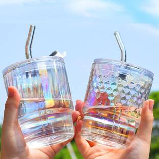 TRINGDOWN Rainbow Glass Tumblers with Straws and Lids Pack of1, Iridescent Iced Coffee Cup Glass Coffee Mug
