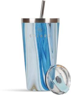 Solara Vacuum Insulated Straw and Lid for Hot and Cold, Blue Marble, Stainless Steel Tumbler