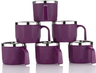 MAGICSPOON Stainless Steel, Plastic Tea Cup Set, Coffee Cup (Purple,100ml,Pack of 6) Stainless Steel Coffee Mug