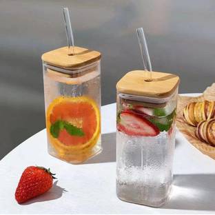 laisha Jars with Glass Straws and Airtight Wooden Lids Glass Set Water/Juice Glass