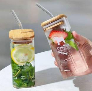 मायरा ट्रेंड्स Printed Square Coffee Glass Sipper with Airtight Wooden Lid and Glass Straw ग्लास मग