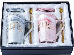 T R Creation Mr And Mrs long with lid and spoon 400 ml pack of 2 Ceramic Coffee Mug