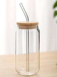 Wallsenterprise Wooden Lid Mojito Tea Glass Can with Straw Glass Coffee Glass Coffee Mug
