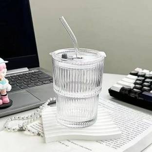JIGSHTIAL Drinking Coffee Cup Sipper Glass with Straw and lid Glass Tumbler