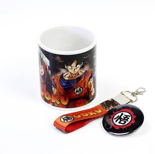 SMIZE Set of Coffee mug Keychain And Badge of Goku Gift For Anime Ceramic Coffee Mug