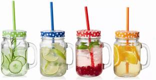 Avastro Mason Cup Glass Retro Handle Cup Large Capacity Juice Drink Cup Creative With Lid Straw With Handle Cold Drink Cup 450ML ( Pack Of 4) Glass Mason Jar