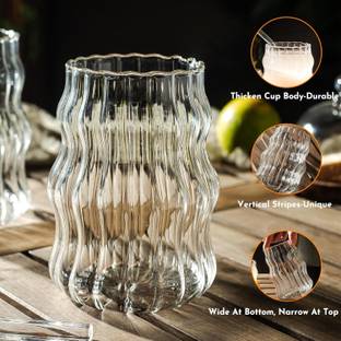 Coozico Ribbed Aesthetic Glass Cups with Glass Straw Glass Water/Juice Glass