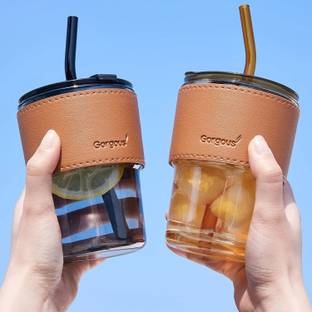 siddhi vinayak creation Glass Tumbler with Silicone Straw and Lid , Glass Cup with Leather ,Coffees Glass Tumbler
