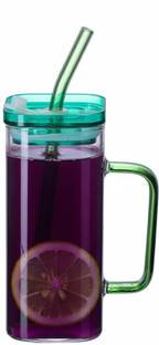 SHIPPLIER Square Mason jar Glass Cups with Lids and Straws with Colored Handle Glass Tumbler