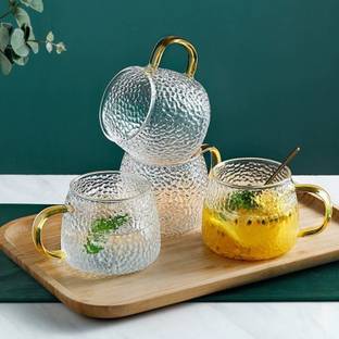 GZ CREATION Tea and Coffee Cup Glass with Handle Golden( 410ml, Set of 4) Glass Coffee Mug