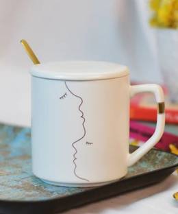 SASSIE Minimal Art Ceramic Coffee With Lid & Spoon Ceramic Coffee Mug