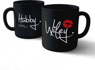 Plakasha creations Hubby and Wifey Multicolour Printed Coffee &Tea Cup Set of 2 Gift for Husband, W Ceramic Coffee Mug