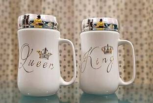 ViaZAID King Queen Coffees with Mirror lid, Ceramic Tea Cup Gift for Couples Ceramic Coffee Mug