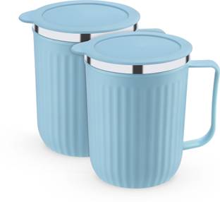 Trueware Frost Unbreakable Tea Coffee Double Wall Insulated with Handle and Lid Stainless Steel, Plastic Coffee Mug