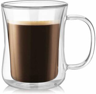 We3 Double Walled Insulated with Handle Perfect for Cappuccinos Tea Bag Beverage Glass Coffee Mug